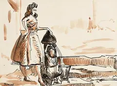 Helping Mum by Patrick Leonard, pen & wash, sold Aug 2019