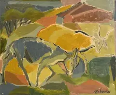 Elizabeth Rivers, Farmyard Scene, oil on canvas board