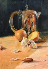 Still Life with Onions and Garlic by Henry McGrane, 2006, oil on canvas board, sold Jun 2019
