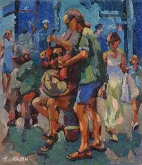 Seán Tiernan, Buskers, oil on canvas