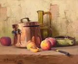 Robert Chailloux French, Copper Pan, Jug and Peaches, oil on canvas