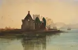 Andrew Nicholl, Castle Ruins and Tall Ship in the Bay, watercolour