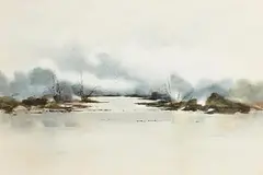 Phyllis del Vechio, Blue Clouds over River Landscape, watercolour