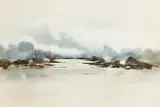Phyllis del Vechio, Blue Clouds over River Landscape, watercolour