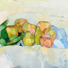 Peach and Concorde Pears by Alexey Krasnovsky Russian, 2004, oil on linen, sold Apr 2019