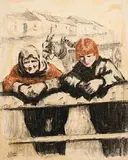 William Conor, Shawlie with Red Haired Girl, wax crayon and charcoal