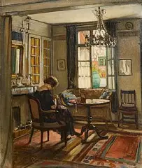 William Crampton Gore, Interior with the Artist's Wife, Yvonne at Montreuil-sur-Mer, oil on canvas