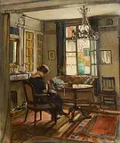 William Crampton Gore, Interior with the Artist's Wife, Yvonne at Montreuil-sur-Mer, oil on canvas