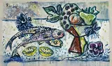 Basil Rakoczi, Still Life - Fish and Fruit on Tabletop, oil and mixed media on paper