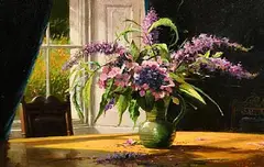 Mat Grogan, Buddley and Hydrangeas, oil on board