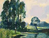 John Skelton Snr, Fly Fishing, oil on board