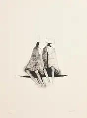 Lynn Chadwick British, Two Sitting Figures, 1971, limited edition lithograph published by Erker Press St Gallen - numbered 33 from an edition of 100