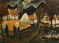 Markey Robinson, Village with Shawlies, gouache on board