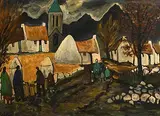 Village with Shawlies by Markey Robinson, gouache on board, sold Jan 2019