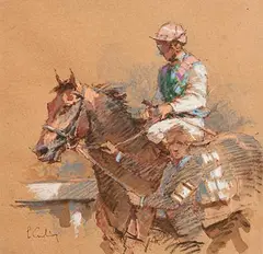 Peter Curling, Going to Post, mixed media on card