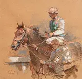 Peter Curling, Going to Post, mixed media on card
