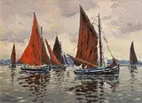 Ivan Sutton, Lowering the Main Sail, Becalmed Galway Hookers, Carraroe Bay, Co Galway, oil on board
