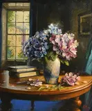 Mat Grogan, Blue and Pink Hydrangeas with Books, oil on canvas board