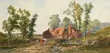 Pastoral Scene with Cottages, Woman and Cattle by John Faulkner, watercolour, offered Dec 2018