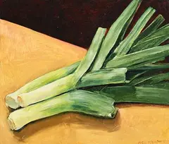 Three Leeks by Maeve McCarthy, 2001, oil on board, sold Dec 2018
