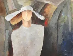 Hatted Lady by Margaret Egan, acrylic on linen, sold Dec 2018