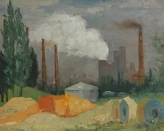 Brussels by Patrick Leonard, 1980, oil on board, sold Dec 2018