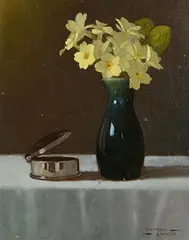 Padraig Lynch Irish, Primroses with Silver Box, oil on canvas board