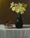 Padraig Lynch Irish, Primroses with Silver Box, oil on canvas board