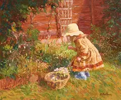 Rick Bentham, Gathering Spring Flowers, oil on board
