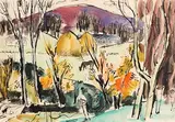 Summer Landscape with Haystacks by Norah McGuinness, watercolour and ink, sold Nov 2018
