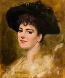 Henry Jones Thaddeus, Portrait of a Young Lady in a Black Feathered Hat, oil on board