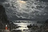 Ciaran Clear, Meeting the Currachs, Connemara Coast, oil on board