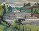 Harry Kernoff, Men Fishing, West River Falls, Nova Scotia, 1957, oil and pastel on board