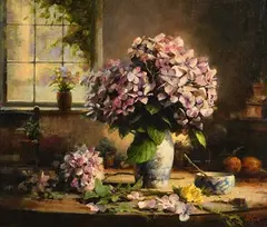 Mat Grogan, Hydrangeas with Yellow Rose, oil on canvas laid on board
