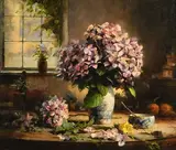 Mat Grogan, Hydrangeas with Yellow Rose, oil on canvas laid on board