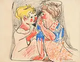 Benjamin Palenca Perez Spanish, Las Ninas, 1950, mixed media on paper