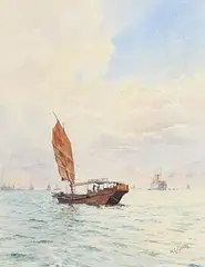 Henry George Gandy, A Junk in Hong Kong Harbour, c.1920, watercolour