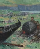 Doolin Currachs by James English, oil on canvas board, offered Sep 2018