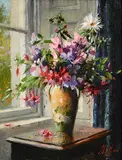 Mat Grogan, Wild Flowers with Yellow and Green Vase, oil on board