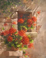 Sunlit Geraniums by Annemarie Bourke, oil on canvas board, sold Sep 2018