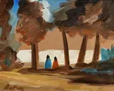 Shawlies in the Woods by Markey Robinson, gouache on board, sold Aug 2018