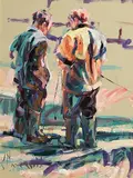 Arthur K. Maderson, Two Figures, Evening Light, Tallow Horse Fair, mixed media on board