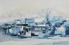 Composition in Blue by Gretta O'Brien, 1972, oil on canvas board, sold Aug 2018