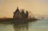 Andrew Nicholl, Castle Ruins and Tall Ship in the Bay, watercolour
