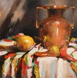 Lorraine Christie, Still Life - Copper Vase and Fruit, oil on canvas