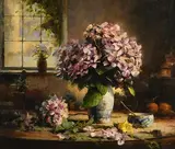 Mat Grogan, Hydrangeas with Yellow Rose, oil on canvas board