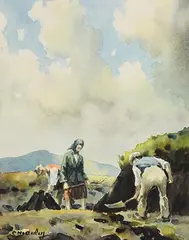 Stacking Turf by Charles McAuley, watercolour, offered Jun 2018