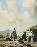Charles McAuley, Stacking Turf, watercolour