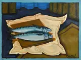 Graham Knuttel, Still Life - Mackerel, acrylic on paper