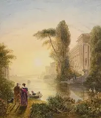 George Barrett Jnr, Stroll by the River, watercolour